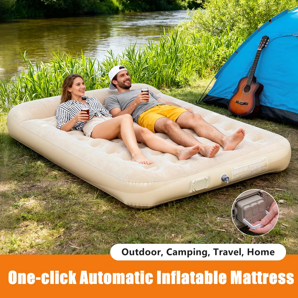 Camping Outdoor Or Indoor - ที่นอนลมแบบใหม่พร้อมปั๊มในตัว ที่นอนเป่าลมอัตโนมัติ เบาะรองนอนสำหรับเต็นท์กลางแจ้ง เตียงลมแบบพกพาสำหรับนอนสองคน สำหรับตั้งแคมป์หรือใช้ในบ้าน