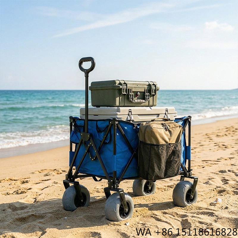 Outdoor Camping Furniture - รถเข็นชายหาดโลหะพับได้ ล้อบอลลูนหมุนได้ ถอดประกอบง่าย ขนาดกะทัดรัดและกว้างขวาง เหมาะสำหรับการตั้งแคมป์