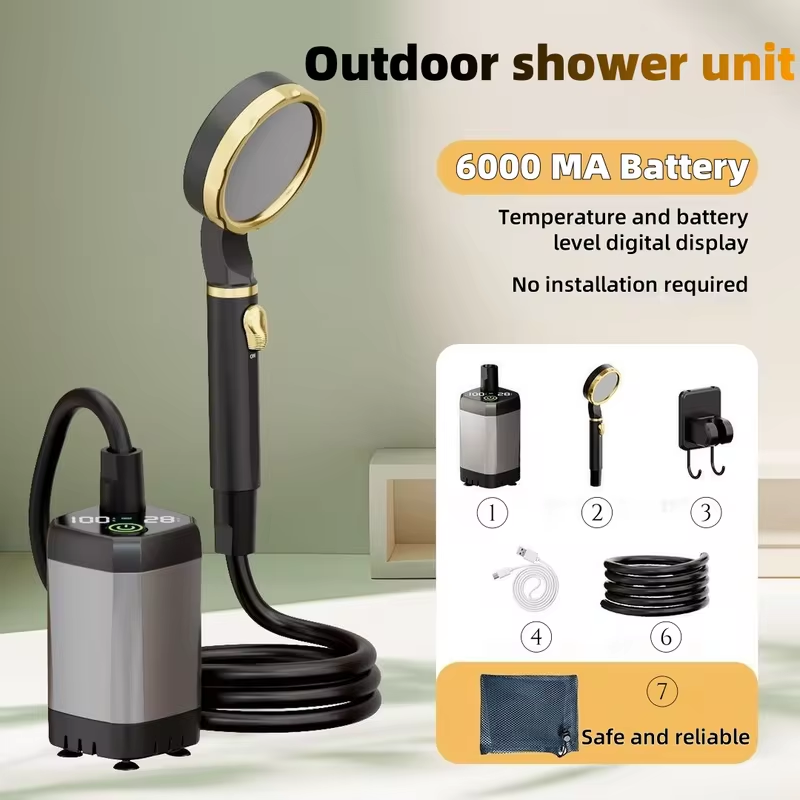 Portable Camping Shower - ชุดฝักบัวไฟฟ้าแบบพกพาสำหรับใช้งานกลางแจ้ง ชุดอาบน้ำสำหรับตั้งแคมป์ แบตเตอรี่ใช้งานได้ยาวนาน เหมาะสำหรับงานก่อสร้าง ตั้งแคมป์ และใช้ในครัวเรือน