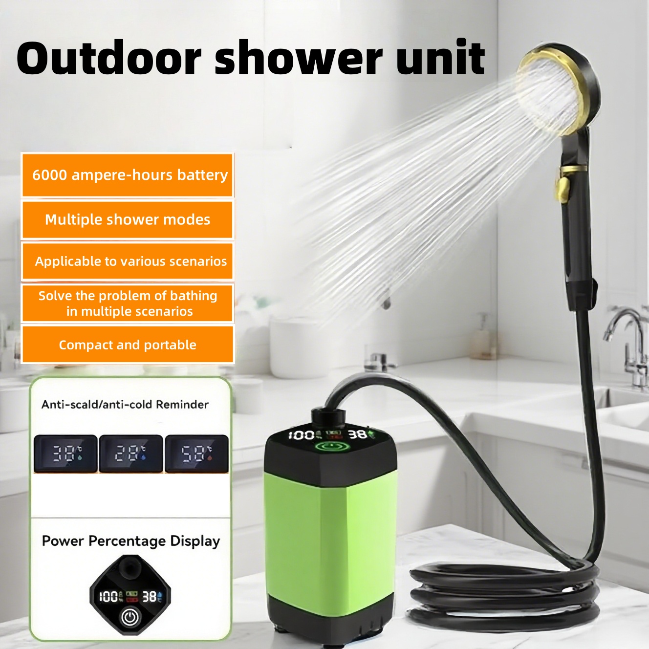 Portable Camping Shower - เครื่องอาบน้ำไฟฟ้าแบบพกพาสำหรับใช้งานกลางแจ้ง แบตเตอรี่ใช้งานได้นาน เหมาะสำหรับใช้ในสถานที่ตั้งแคมป์ ห้องน้ำ และสถานที่ก่อสร้าง