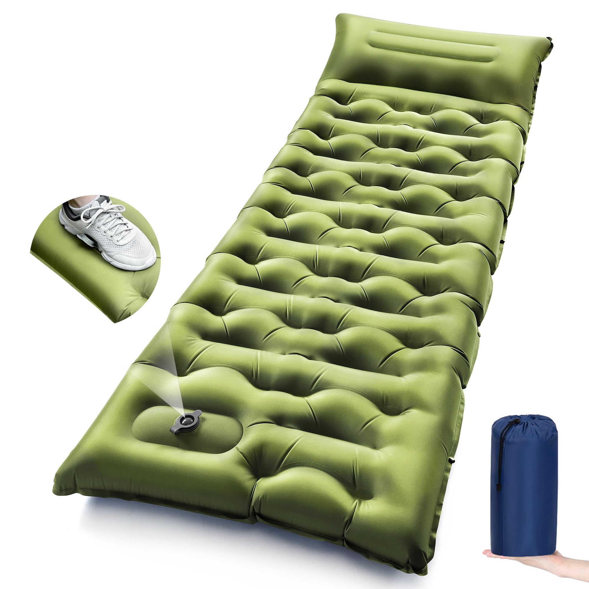 Inflatable Mattress - ที่นอนเป่าลมสำหรับตั้งแคมป์แบบหนาพร้อมหมอนในตัวและที่สูบลมเท้า, ที่นอนลมแบบพกพา น้ำหนักเบา กันน้ำ, พับเก็บได้
