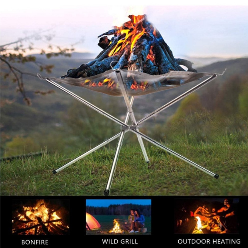 Outdoor Camping Fire Pit - เตาบาร์บีคิวกลางแจ้งแบบพกพา ตะแกรงสำหรับกองไฟ ตะแกรงย่างสเตนเลสสตีล ฐานเตาไฟสำหรับตั้งแคมป์ โครงเตาไม้แบบพับได้