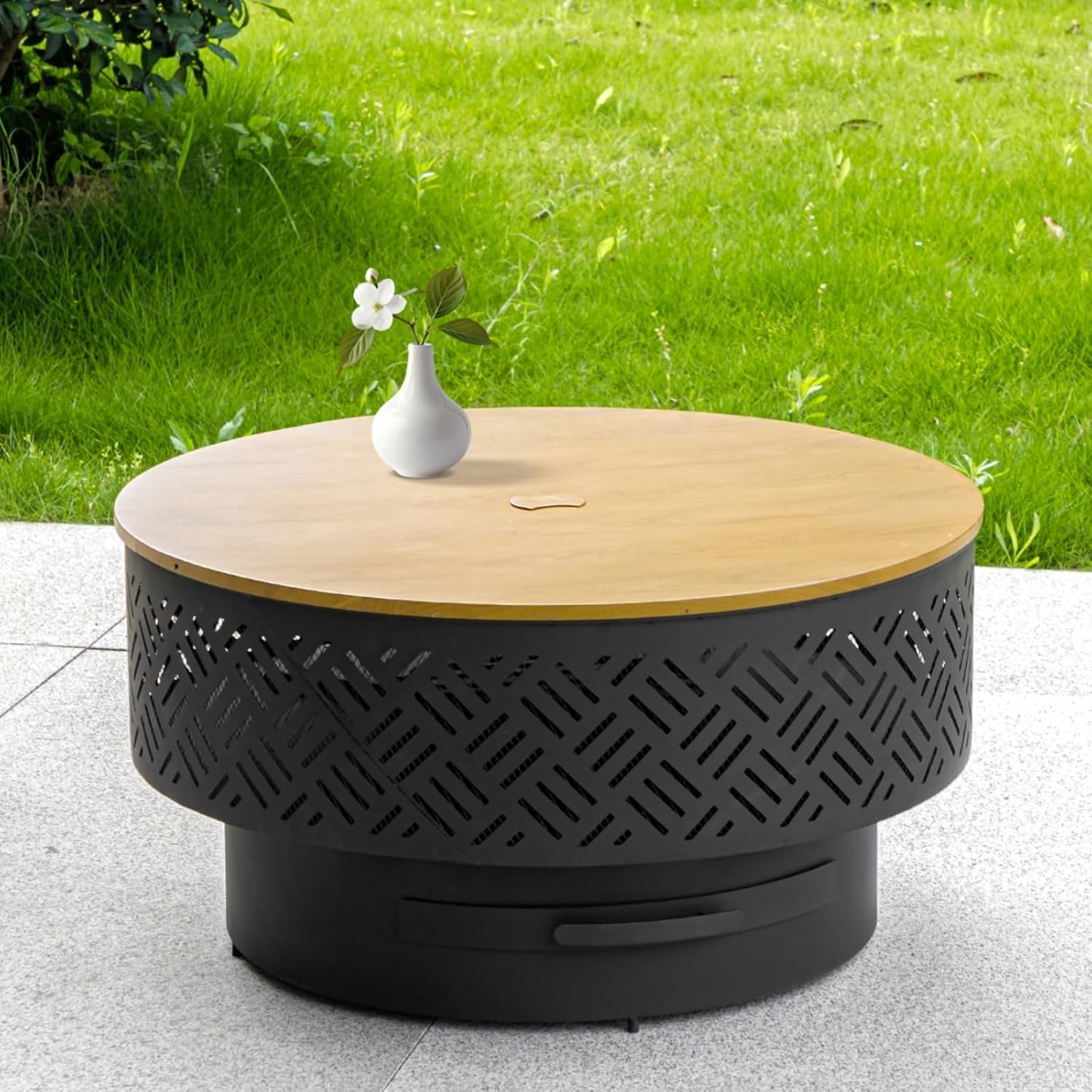 Outdoor Camping Fire Pit - โต๊ะเตาไฟทรงกลมขนาด 32 นิ้ว ทำจากโลหะสำหรับเผาไม้ พร้อมฝาปิดเตาย่างบาร์บีคิว ที่ตักไฟ