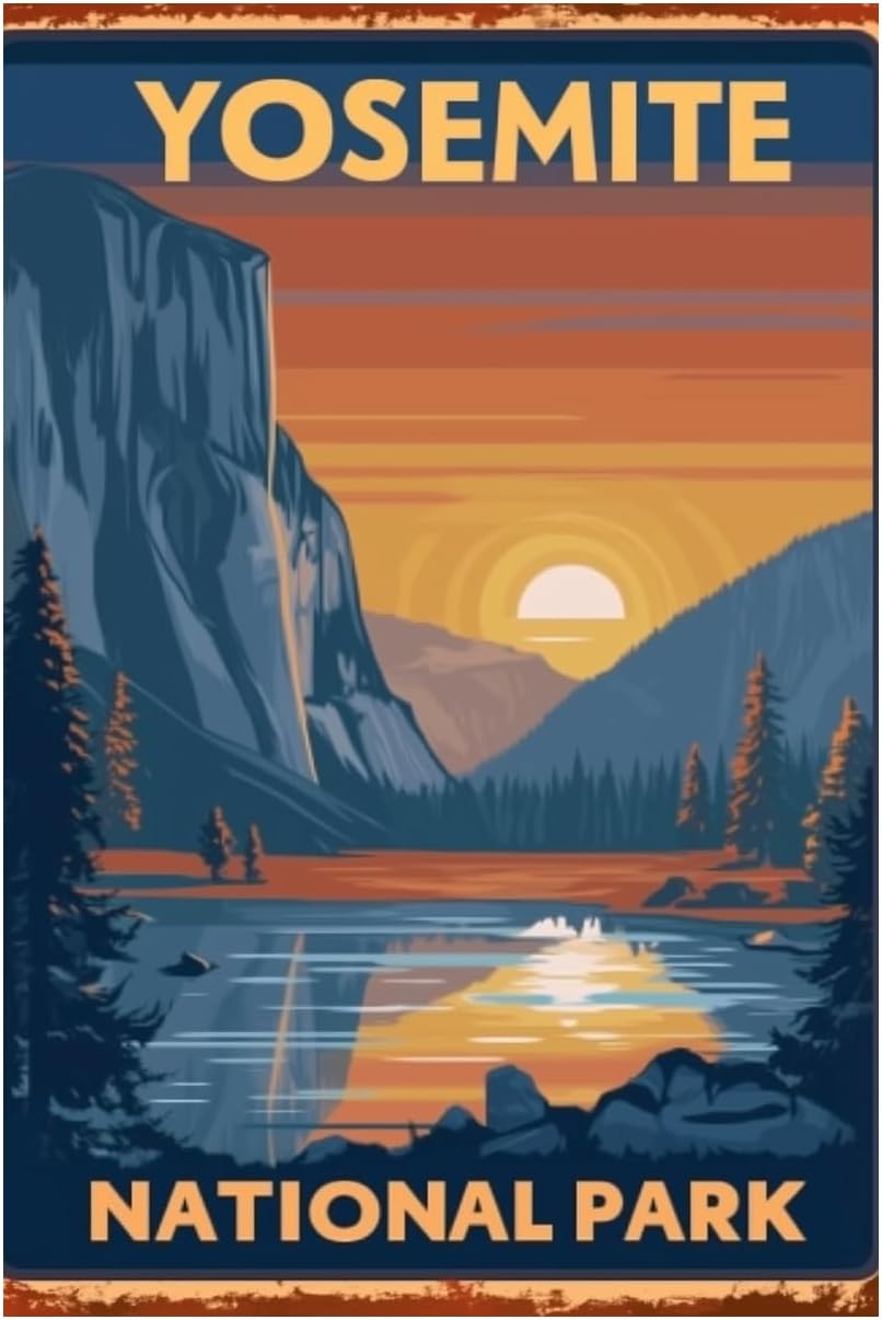 Outdoor Camping Yosemite - ป้ายโลหะสำหรับเดินป่าและตั้งแคมป์ ตกแต่งผนัง-โปสเตอร์ ลายอุทยานแห่งชาติโยเซมิตี เหมาะสำหรับตกแต่งบ้าน ระเบียง ลานกลางแจ้ง